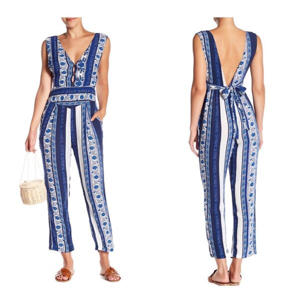 Free People All Shook Up Jumpsuit Floral Striped Print Sleeveless Blue Size 12 - Picture 1 of 11